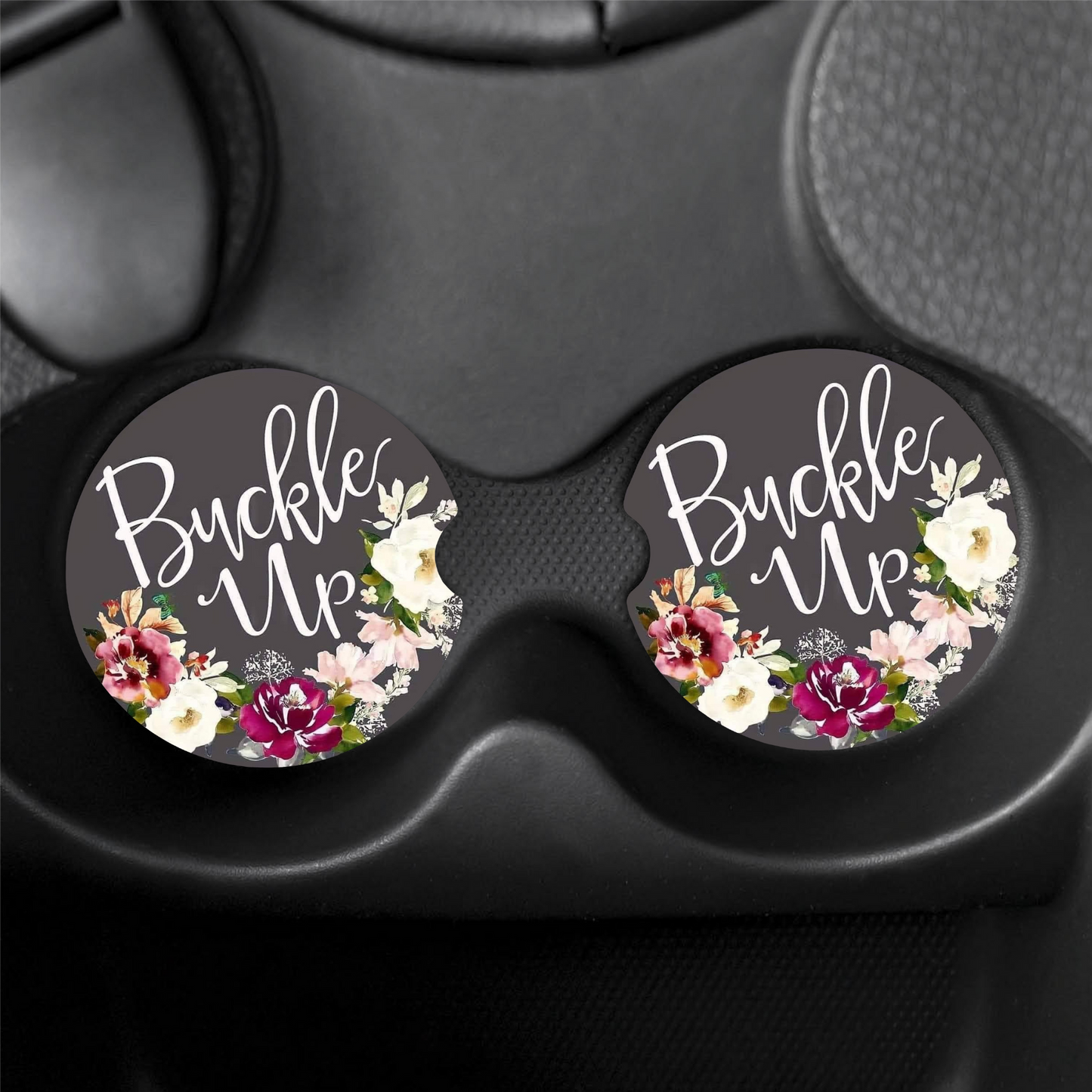 'Buckle Up' Floral Car Coasters (x2)