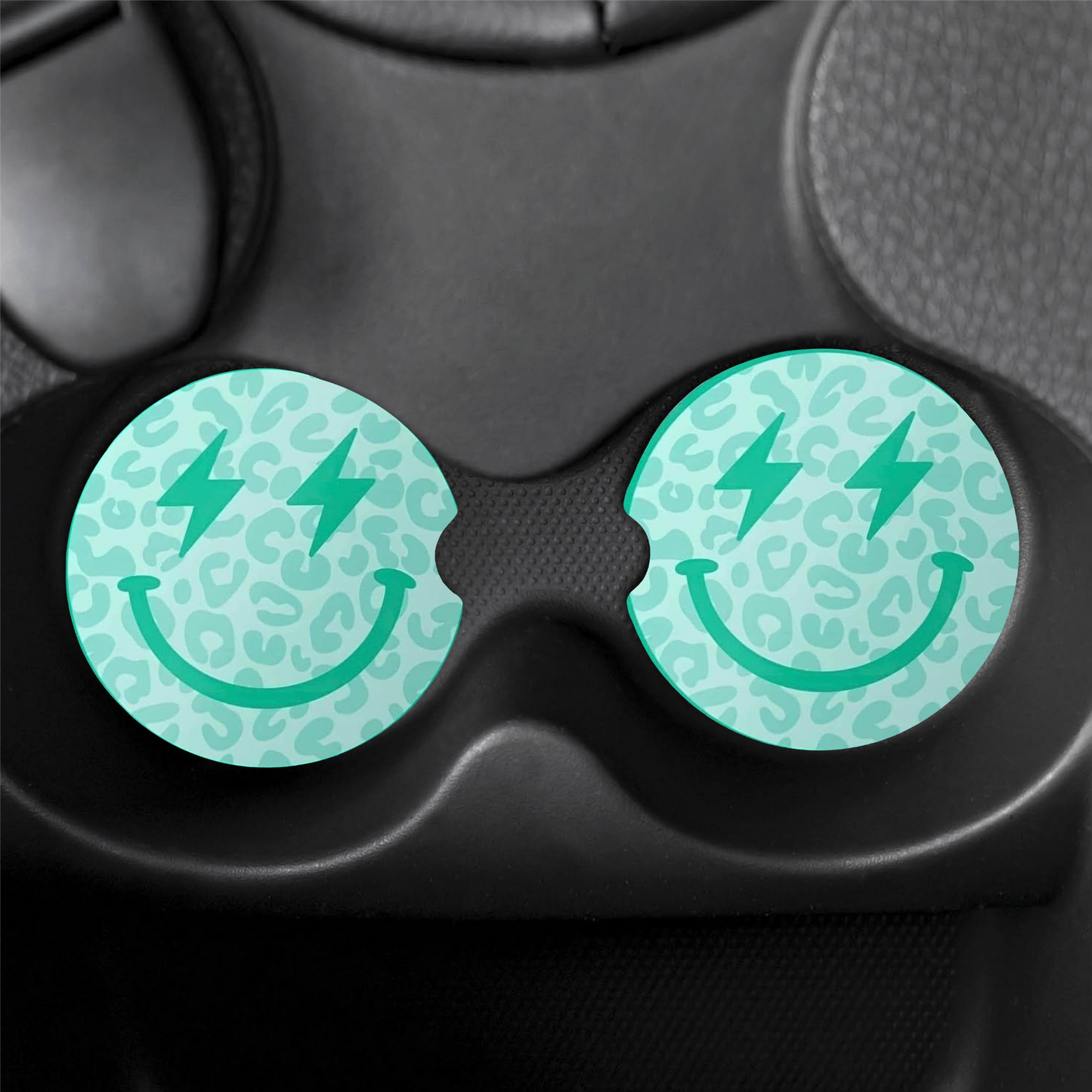 Teal Smiley Car Coasters (x2)