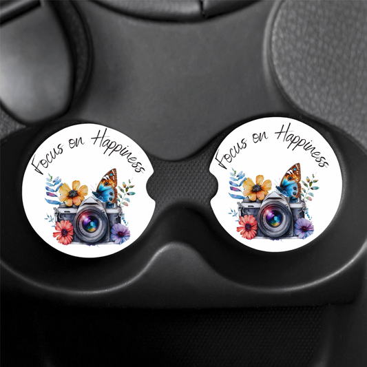 "Focus On Happiness" Car Coasters (x2)