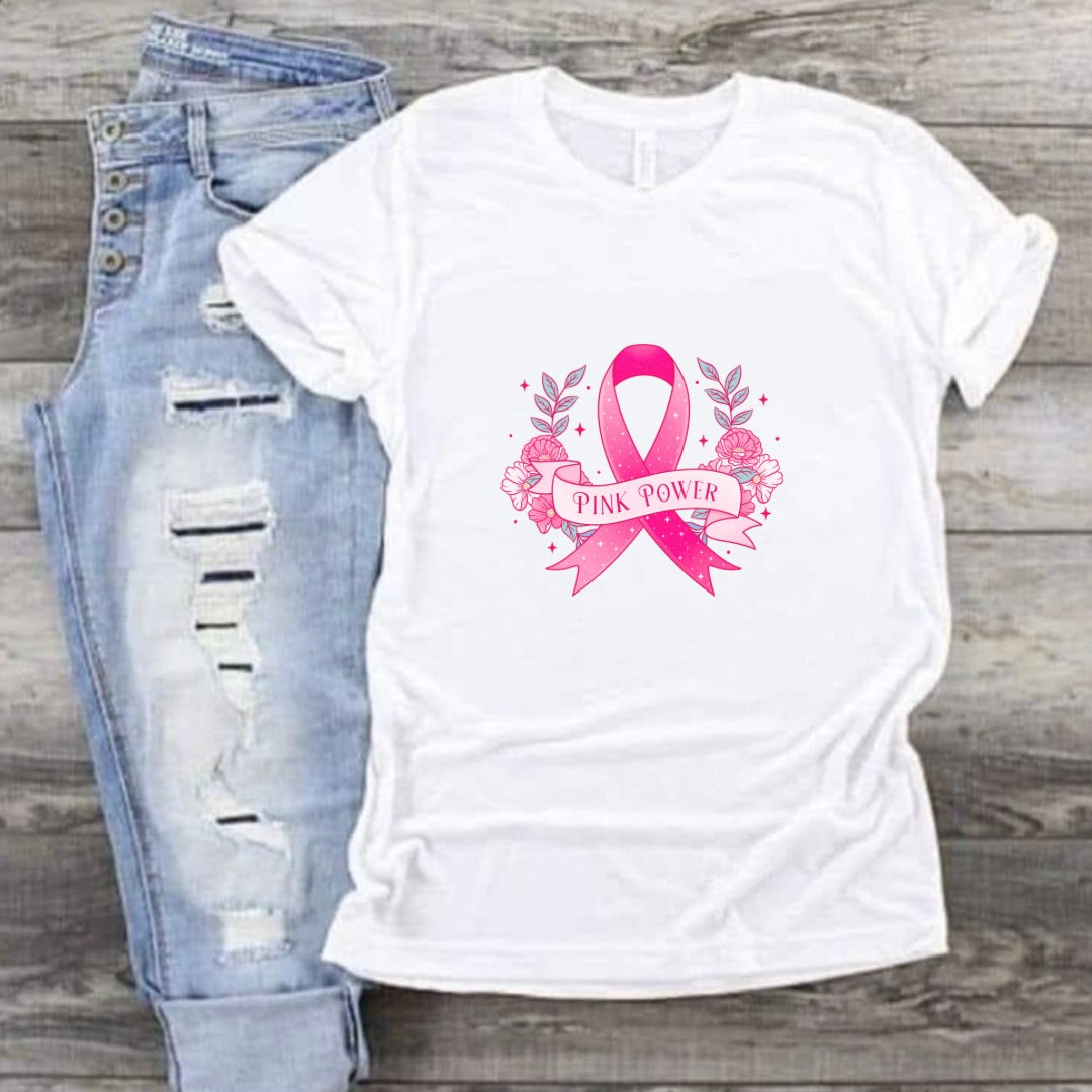 "Pink Power" Pink Ribbon Breast Cancer Short Sleeve Tee