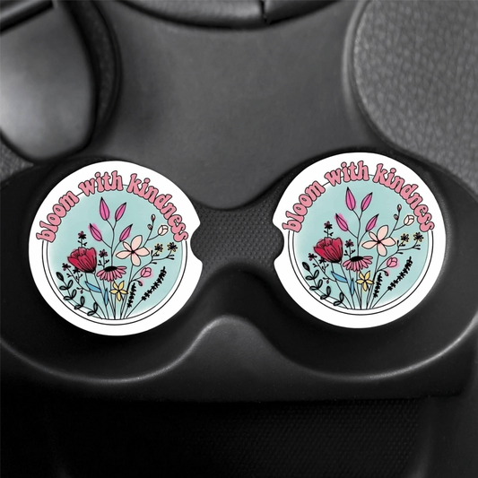 Floral "Bloom With Kindness" Car Coasters (x2)