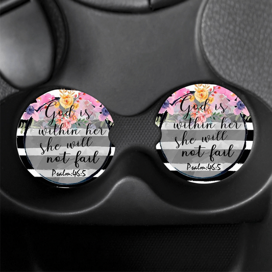 Floral "God Is Within Her.." Car Coasters (x2)