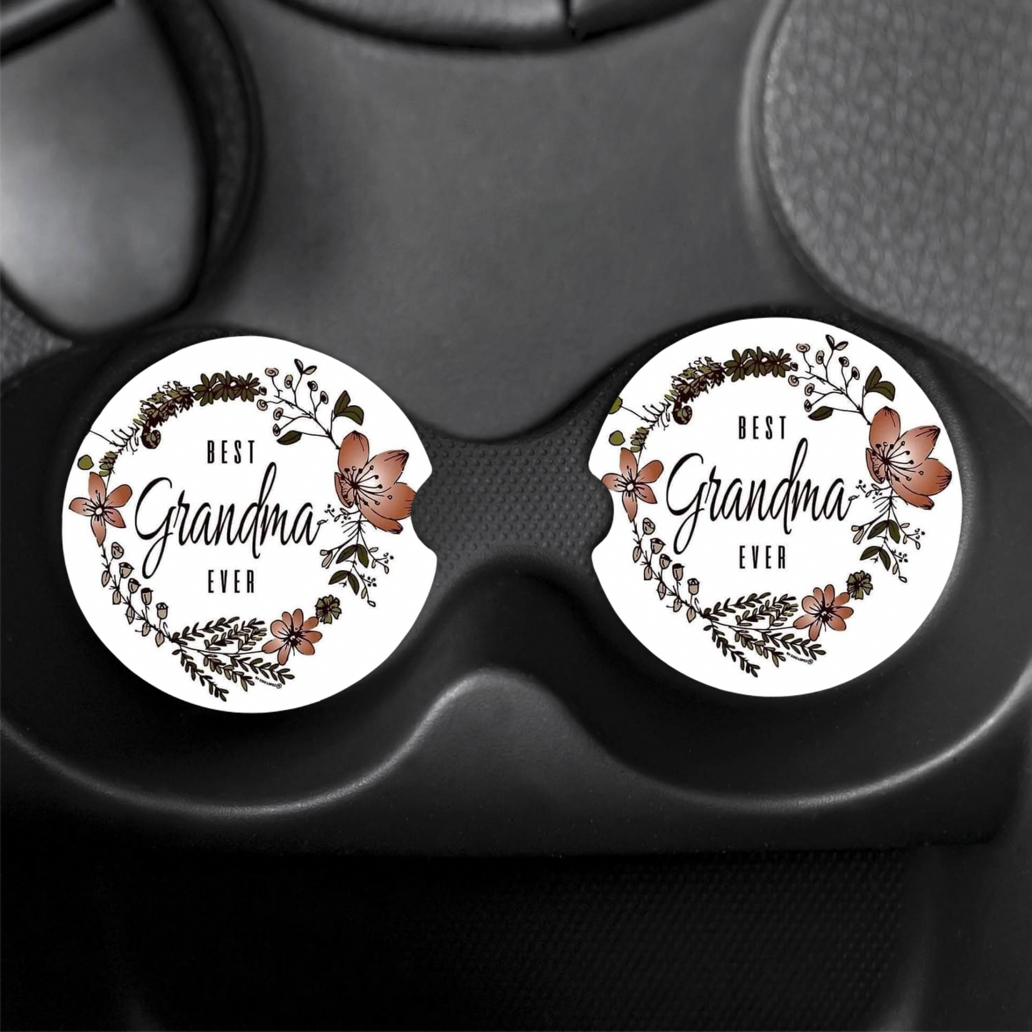 Floral "Best Grandma Ever" Car Coasters (x2)