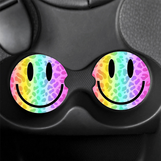 Rainbow x Cheetah Smiley Car Coasters (x2)